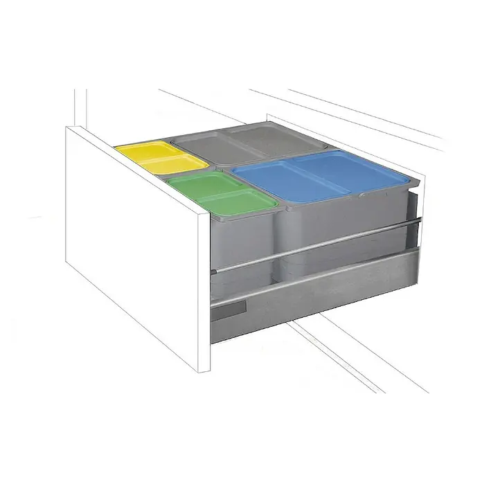 Sistema de separación de residuos Ecológico - Ancho: 60 cm, Gris, 92 l, 8 ud. - Sistema de separación de residuos con contenedores amarillos, verdes, grises y azules en un armario extraíble para facilitar el reciclaje.