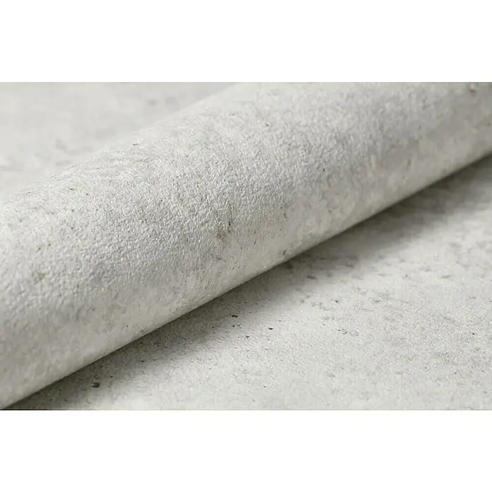 Rasch Vliestapete Beton - Altweiß, Betonoptik, 10,05 x 0,53 m - Detailaufnahme einer gerollten, grauen Beton-Optik Tapete. Die Textur und Farbnuancen des Materials sind gut erkennbar.