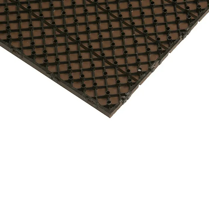 Dioco Loseta con sistema click - WPC, 50 x 50 x 2,5 cm, 1 ud., Marrón - Baldosa de terraza de plástico marrón con recortes cuadrados oscuros y agujeros redondos para una fácil instalación en exteriores.