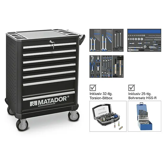 Matador Werkstattwagen Ratio Universal - L x B x H: 470 x 785 x 1.030 mm, Anzahl Schubladen: 7 Stk., Zubehör: 170 -tlg. - Werkzeugwagen von Matador mit Schubladen und Werkzeugsets für Ordnung und Effizienz in der Werkstatt.