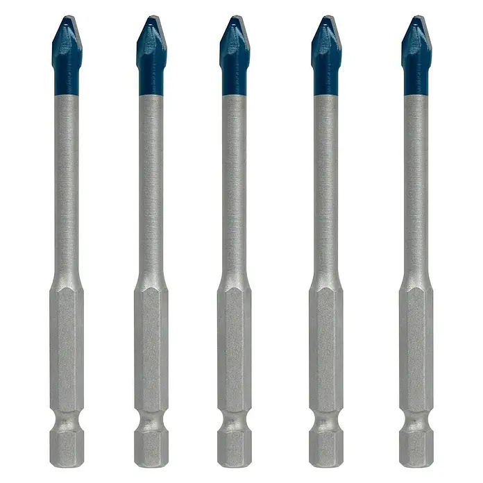 Bosch Professional Expert Bohrer-Set EXPERT HEX-9 HardCeramic5 Stk., Durchmesser Bohrer: 6 mm - Fünf Glasbohrer mit blauer Spitze auf schwarzem Hintergrund, ideal für präzise Bohrungen in Glas und Keramik.