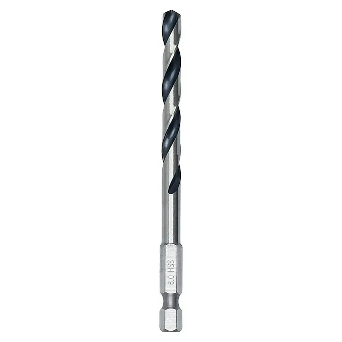 Bosch Metallbohrer PointTeQ - Durchmesser Bohrer: 6 mm - Ein Spiralbohrer mit Sechskantschaft, ideal zum Bohren in verschiedenen Materialien,  auf dem ein "0.9 HSS" Schriftzug zu sehen ist.