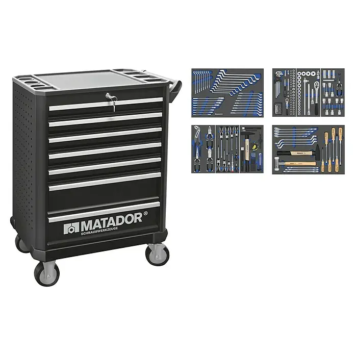 Matador Werkstattwagen Ratio Truck - L x B x H: 470 x 785 x 1.030 mm, Anzahl Schubladen: 7 Stk., Zubehör: 201 -tlg. - Matador Werkzeugwagen mit mehreren Schubladen und einer Auswahl an Werkzeugen. Ideal für Werkstätten und Hobbyhandwerker.