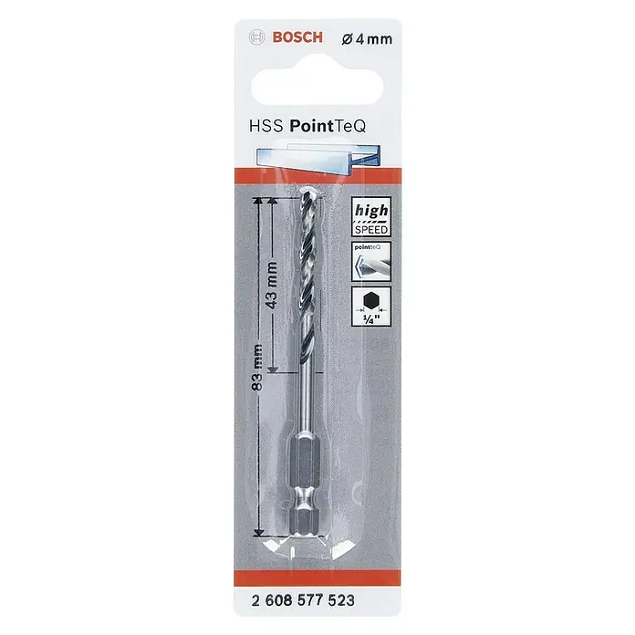 Bosch Metallbohrer PointTeQ - Durchmesser Bohrer: 4 mm - Bild einer Bosch HSS PointTeQ Bohrerpackung, Ø 4 mm, mit Größenangaben und Logos für High Speed und PointTeQ.