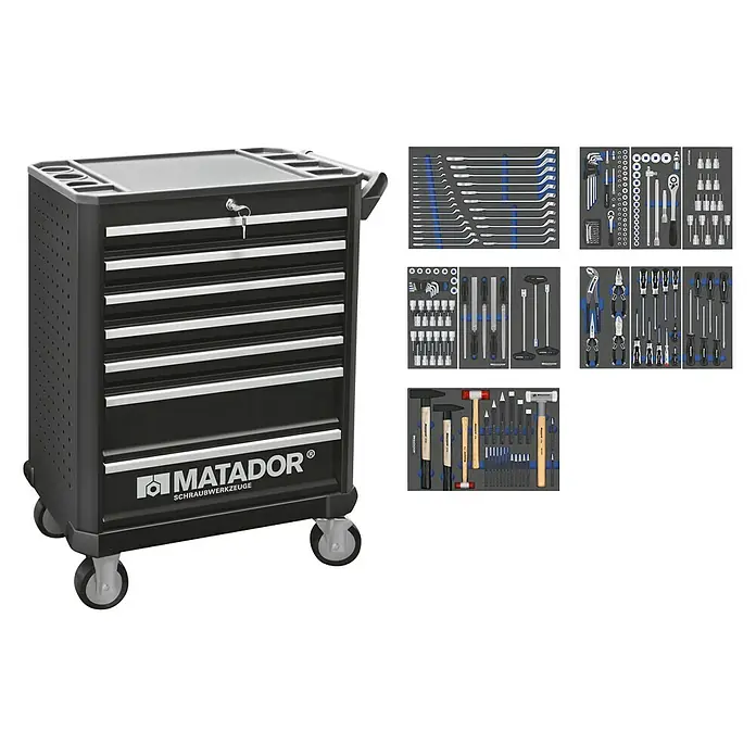 Matador Werkstattwagen Ratio Industrial - L x B x H: 470 x 785 x 1.030 mm, Anzahl Schubladen: 7 Stk., Zubehör: 242 -tlg. - Matador Werkzeugwagen mit Schubladen und Werkzeugsortiment für Profis und Heimwerker.\n