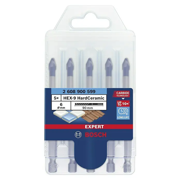 Bosch Professional Expert Bohrer-Set EXPERT HEX-9 HardCeramic - 5 Stk., Durchmesser Bohrer: 6 mm - Ein 5er-Pack Bosch Expert HEX-9 HardCeramic Fliesenbohrer, 6 mm Durchmesser und 90 mm Länge, für präzise Bohrungen in Keramikfliesen.