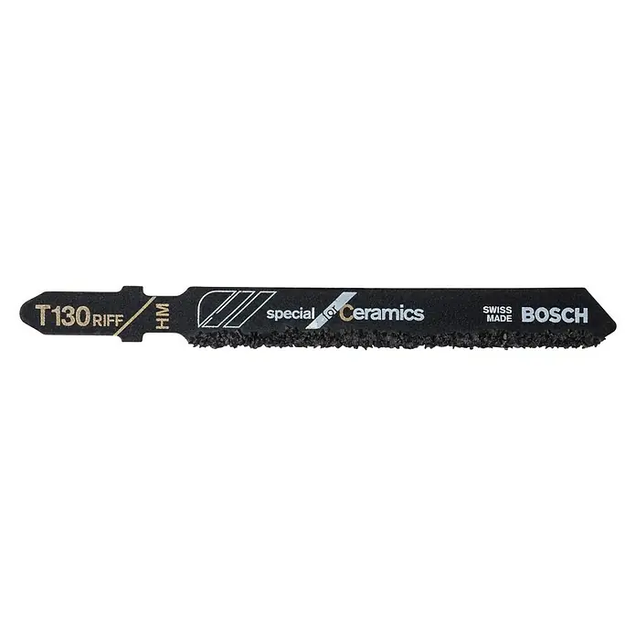 Bosch Hoja metálica dentada T 130 RF - 3 pzs., Vástago en T - Imagen de una hoja de sierra de calar Bosch T130 Riff, ideal para cerámicas especiales, Swiss made.