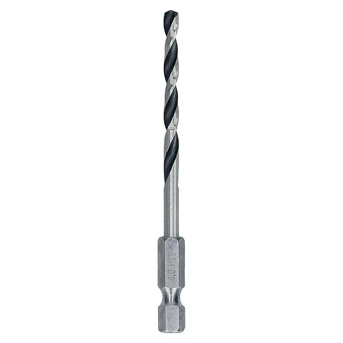Bosch Metallbohrer PointTeQ - Durchmesser Bohrer: 4 mm - Bild einer spiralgenuteten 4.0 SH-Bohrspitze mit Sechskantschaft für Bohrmaschinen, ideal für präzise Bohrarbeiten.