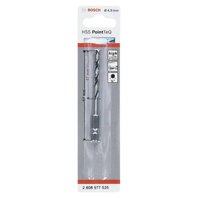 Bosch Metallbohrer PointTeQ - Durchmesser Bohrer: 4,5 mm - Eine 4,5 mm HSS PointTeQ Bohrer von Bosch, ideal für hohe Geschwindigkeiten, mit einer 1/4" Aufnahme, verpackt in einer Blisterpackung.