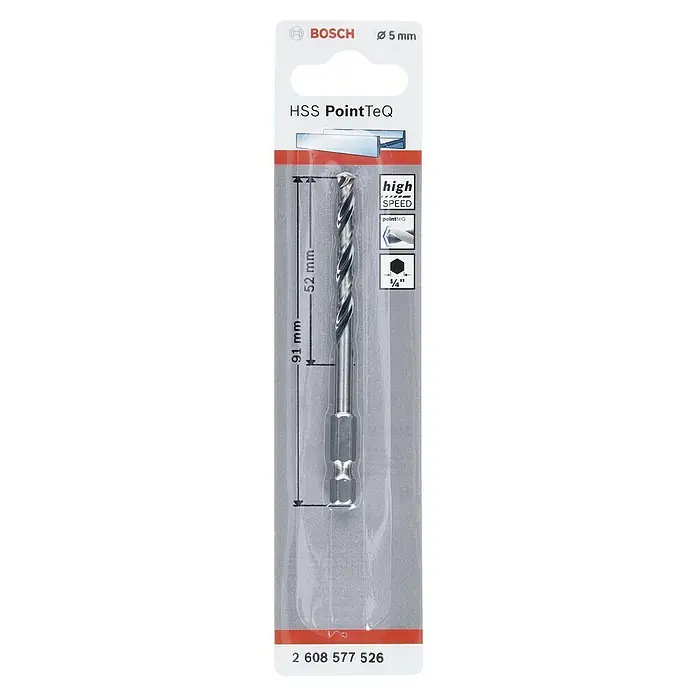 Bosch Metallbohrer PointTeQ - Durchmesser Bohrer: 5 mm - Bild einer Bosch HSS PointTeQ Metallbohrer-Verpackung mit Größenangaben und Produktinformationen.