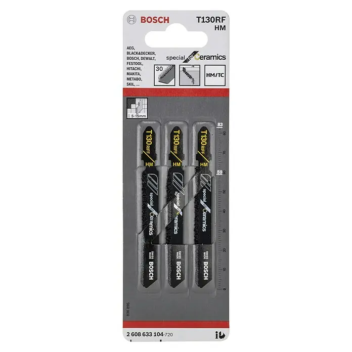 Bosch Hoja metálica dentada T 130 RF - 3 pzs., Vástago en T - Paquete de hojas de sierra de calar Bosch T130RF HM, especializadas para cerámica, ideal para cortes limpios en azulejos.