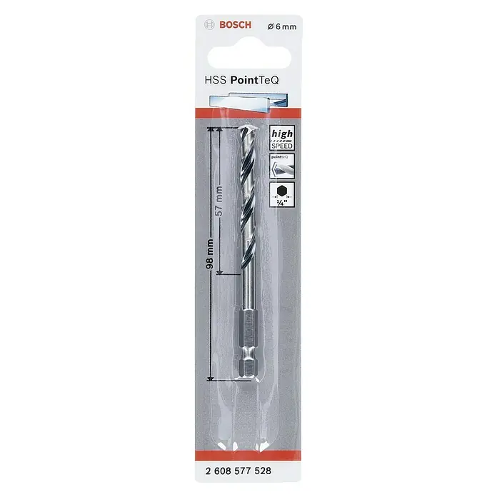 Bosch Metallbohrer PointTeQ - Durchmesser Bohrer: 6 mm - Bohrer-Verpackung: Bosch HSS PointTeQ Bohrer mit 6 mm Durchmesser, ideal für schnelles Bohren mit präziser Spitze und Sechskantschaft.