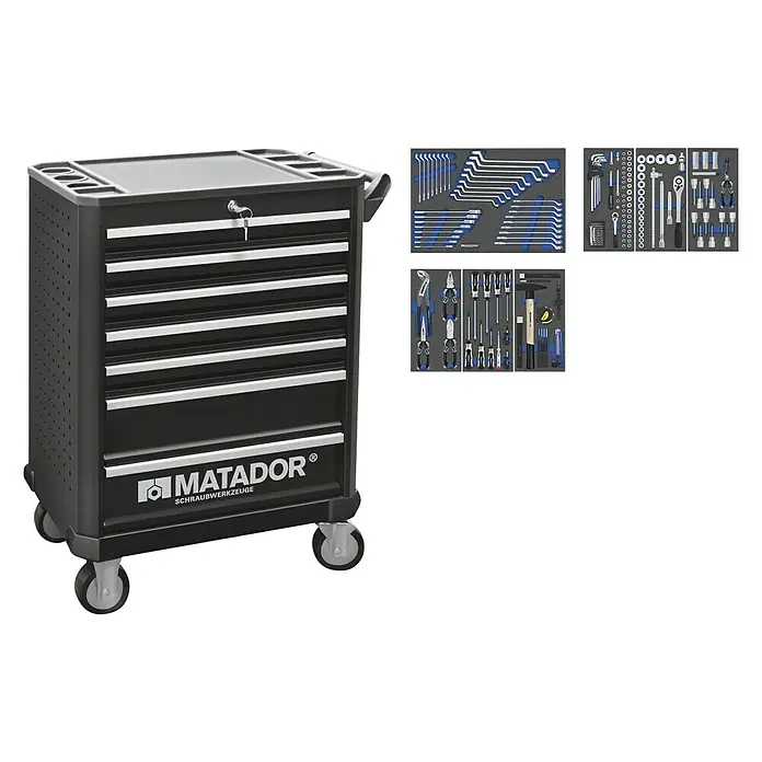 Matador Werkstattwagen Ratio Automotive - L x B x H: 470 x 785 x 1.030 mm, Anzahl Schubladen: 7 Stk., Zubehör: 182 -tlg. - Matador Werkzeugwagen mit sieben Schubladen und Werkzeugsortimenten für den professionellen Einsatz.