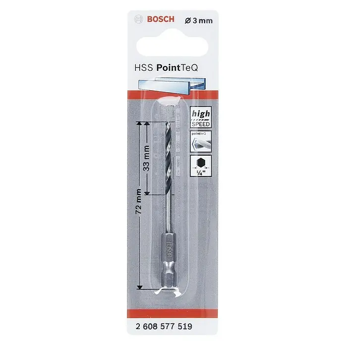Bosch Metallbohrer PointTeQ - Durchmesser Bohrer: 3 mm - Verpackung eines Bosch HSS PointTeQ Metallbohrers mit 3 mm Durchmesser, ideal für präzise und schnelle Bohrarbeiten.