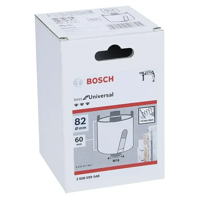 Bosch Avellanador de diamante - Diámetro: 82 mm - Imagen de la sierra perforadora Bosch Best Universal con 82 mm de diámetro, adecuada para taladrar con refuerzos de hasta 10 mm.
