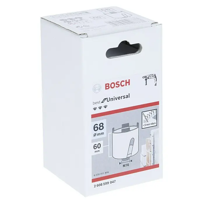 Bosch Avellanador de diamante - Diámetro: 68 mm - Embalaje de una sierra de corona Bosch Best Universal con unas dimensiones de 68 mm de diámetro y 60 mm de profundidad.