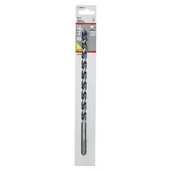 Bosch Broca para hormigón y mampostería CYL-5 - Diámetro de la broca: 12 mm, Longitud de trabajo: 190 mm - Primer plano de una broca para mampostería Bosch CYL-5 de 12 mm, perfecta para taladrar con precisión en piedra.