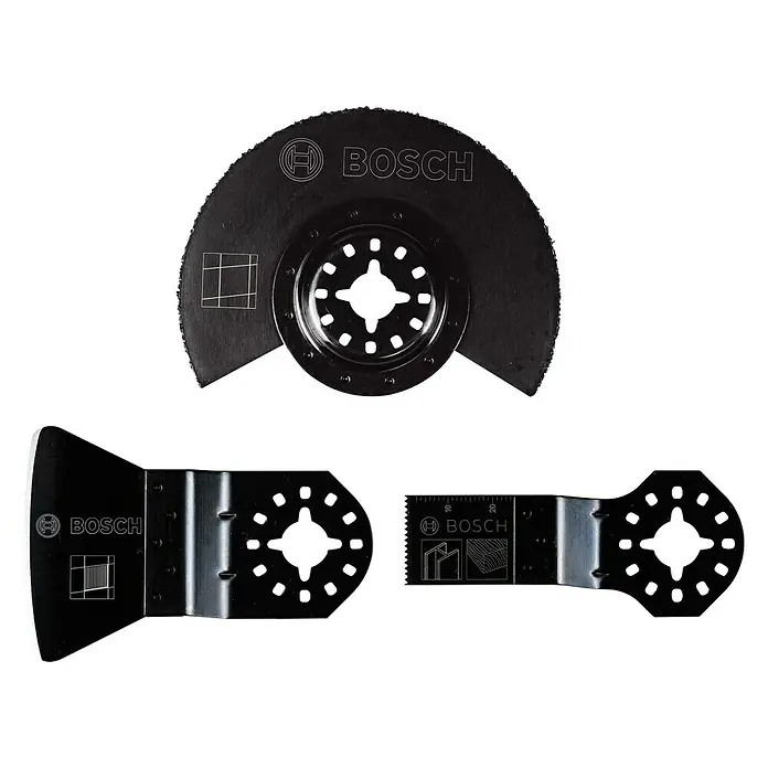Bosch Zubehör-Set Fliesen - 3 Stk., 3 -tlg. - Das Bild zeigt ein Set aus drei Bosch-Sägeblättern für Multifunktionswerkzeuge, ideal für verschiedene Schneidanwendungen.