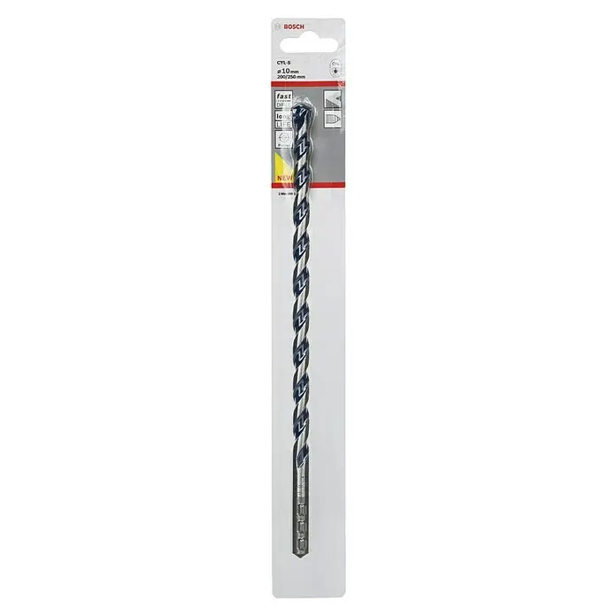 Bosch Beton- & Steinbohrer CYL-5Durchmesser Bohrer: 10 mm, Arbeitslänge: 200 mm - Nahaufnahme eines Bosch CYL-5 Steinbohrers mit 10 mm Durchmesser und 200/250 mm Länge, ideal für schnelles und präzises Bohren in Stein und Mauerwerk.