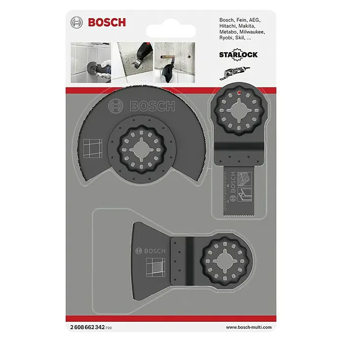 Bosch Zubehör-Set Fliesen - 3 Stk., 3 -tlg. - Das Bild zeigt eine Bosch-Werkzeugkassette mit verschiedenen Oszillierwerkzeug-Aufsätzen für unterschiedliche Anwendungen.