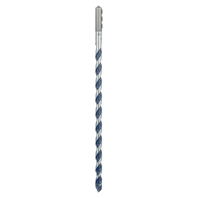 Bosch Beton- & Steinbohrer CYL-5 - Durchmesser Bohrer: 10 mm, Arbeitslänge: 200 mm - Nahaufnahme eines Spiralbohrers mit blauen Spiralen und silbernem Schaft.