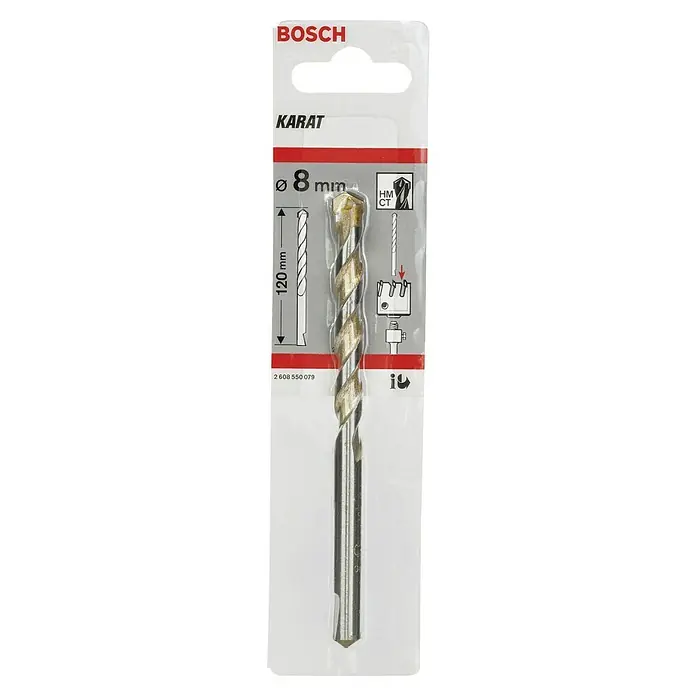 Bosch Zentrierbohrer - Durchmesser: 8 mm, Länge: 120 mm - Ein Bosch Karat 8 mm Durchmesser Bohrer für Glas, Keramik und Fliesen, verpackt in einer Blisterpackung mit Produktinformationen.