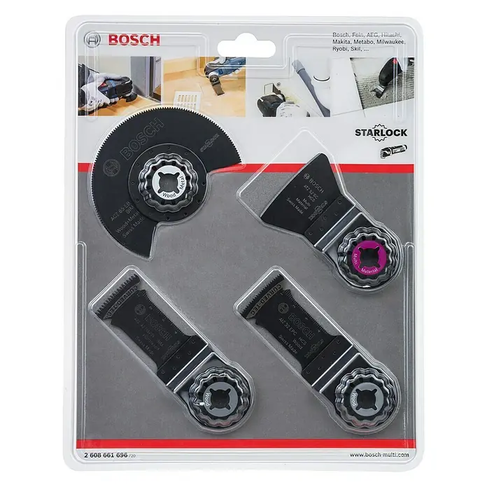 Bosch Installations-Set4 -tlg. - Bild eines Bosch Starlock Multi-Werkzeug-Zubehörsets, das verschiedene Sägeblätter für Holz- und Metallanwendungen enthält.