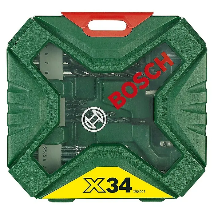 Bosch X - Line Classic Bohrer- & Bit-Set - 34 -tlg., Geeignet für: Akkuschrauber - Eine grüne Bosch X34 tlg/pcs Bohrer-Set-Box mit rotem Griff und gelbem X34-Logo.