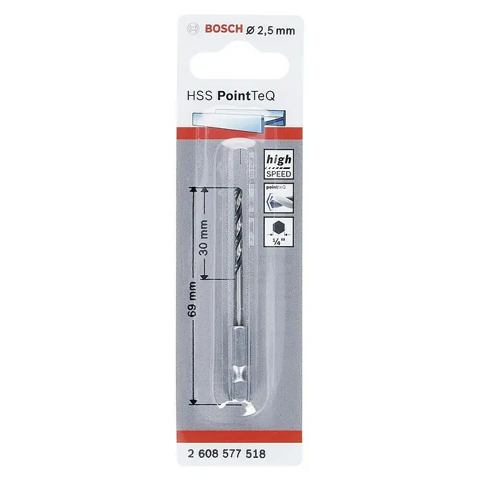 Bosch Metallbohrer PointTeQ - Durchmesser Bohrer: 2,5 mm - Bild einer Bosch HSS PointTeQ Bohrmaschine mit einer Größe von 2,5 mm, ideal für Hochgeschwindigkeitsbohrungen mit einer Länge von 69 mm.