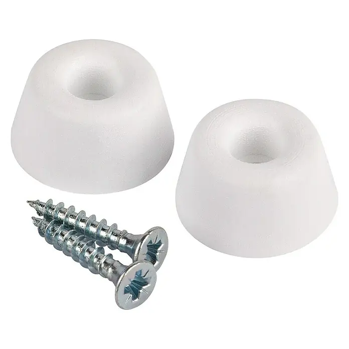 Fix-o-moll Protección de bordes - Plástico, Blanco, 2 ud. - Primer plano de dos deslizadores de muebles blancos y dos tornillos sobre fondo negro. Ideal para proteger los suelos de arañazos.