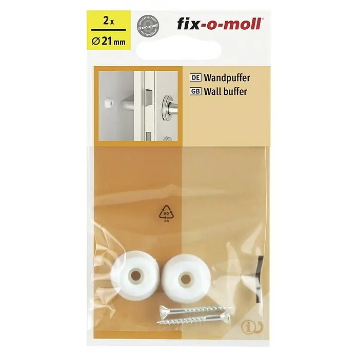 Fix-o-moll Protección de bordes - Plástico, Blanco, 2 ud. - Imagen de un juego de amortiguadores de pared Fix-o-moll que contiene dos topes de puerta y tornillos de montaje para la instalación en la pared.