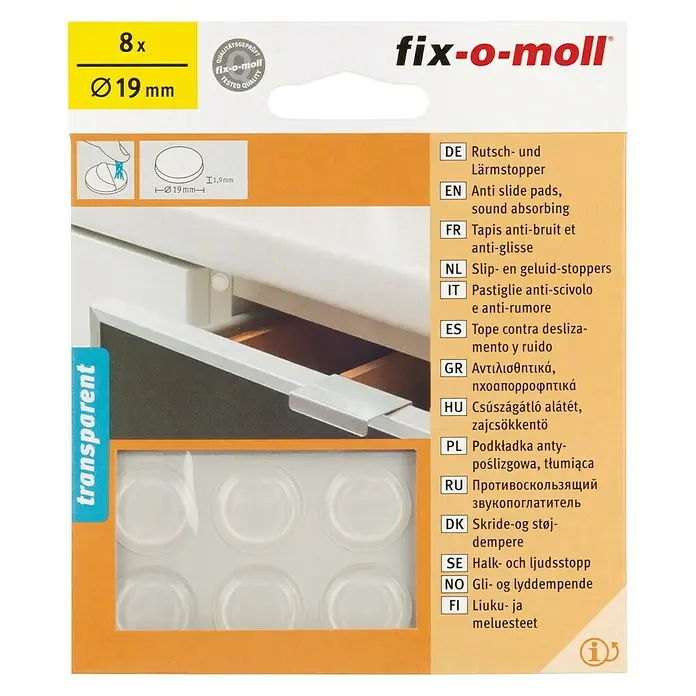 Fix-o-moll Almohadilla antideslizante y antirruido - Diámetro: 19 mm, Transparente - Almohadillas antideslizantes Fix-o-moll, 8 unidades, Ø 19 mm. Ideales para la absorción del sonido y evitar deslizamientos.
