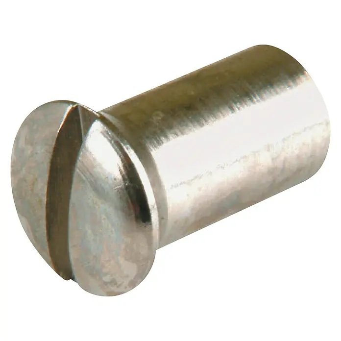 Suki Tuerca - M 4, Latón, 1 ud., Niquelado - Primer plano de un tornillo metálico ranurado con una superficie brillante sobre un fondo negro.