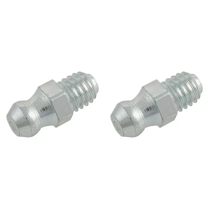 Suki Boquilla de engrase DIN71412 - M 6, Acero endurecido - Dos engrasadores sobre fondo negro, perfectos para el mantenimiento y lubricación de máquinas.
