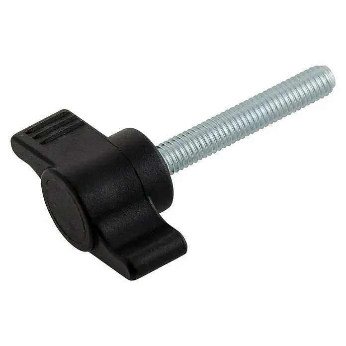 Suki Tornillo con mango estrella - Cabeza de mariposa, M 8, Largo: 23 mm - Primer plano de un tornillo de mariposa con cabeza de plástico negra y rosca plateada, ideal para diversas aplicaciones.