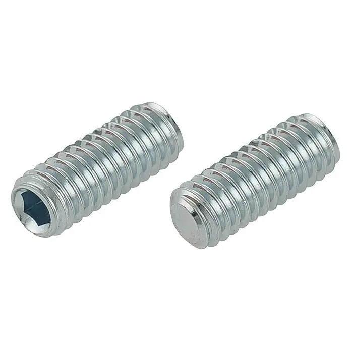 Suki Tornillo regulable - Rosca: M 5, 1 ud., 25 mm - Primer plano de dos tornillos de fijación metálicos, uno con un hexágono interno, sobre un fondo negro.