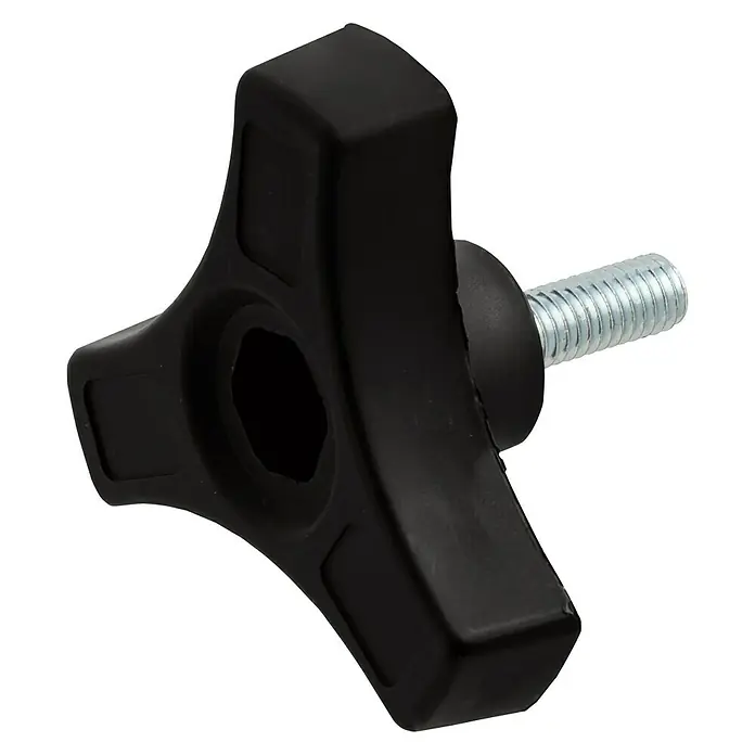 Suki Tornillo con mango estrella tuerca de triángulo - M 6, Largo: 43 mm - Aquí hay una manija en forma de T con un tornillo. La manija es negra y el tornillo es plateado. Se utiliza para apretar objetos.