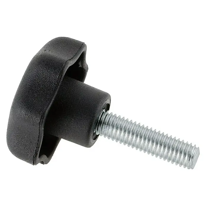 Suki Tornillo con mango estrella - M 6, Largo: 40 mm - Primer plano de un botón de sujeción negro con un tornillo plateado, ideal para asegurar y ajustar componentes diversos.