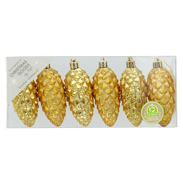 Christbaumschmuck Zapfen - Gold, Kunststoff, 6 Stk. - Packung mit sechs goldenen, bruchsicheren Christbaumschmuck-Zapfen aus recyceltem Kunststoff.