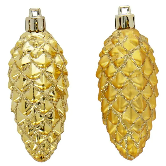 Christbaumschmuck Zapfen - Gold, Kunststoff, 6 Stk. - Zwei goldene Tannenzapfen-Weihnachtsbaumkugeln, glänzend und festlich für die Weihnachtszeit.