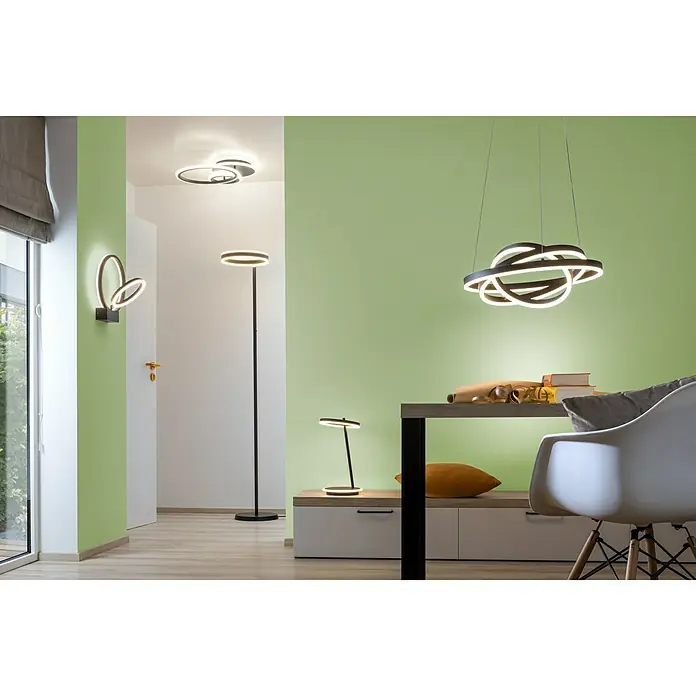 Lavida Ring LED-Pendelleuchte rund - 55 W, Ø x H: 50 x 120 cm, Schwarz, Mehrfarbig - Innenaufnahme eines Raumes mit verschiedenen modernen Lampen. Die Lampen haben alle ein schlankes Design und sind in Schwarz gehalten.