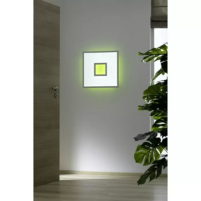 LED-Deckenleuchte Ellia - 24 W, L x B x H: 45 x 45 x 5 cm, Weiß, RGB - Moderne quadratische LED-Wandleuchte mit einem inneren grün leuchtenden Quadrat.