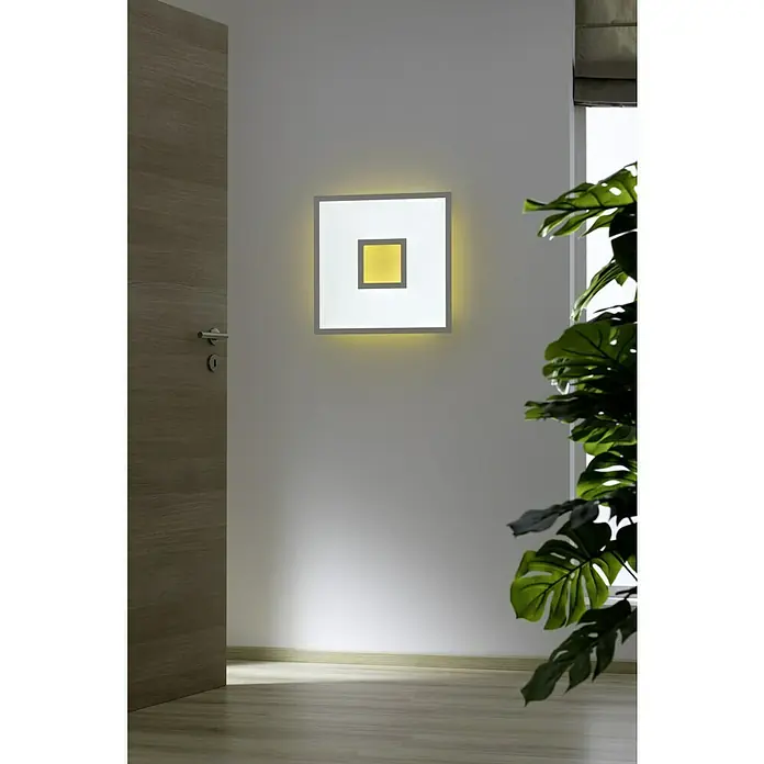 LED-Deckenleuchte Ellia - 24 W, L x B x H: 45 x 45 x 5 cm, Weiß, RGB - Quadratische LED-Wandleuchte mit gelbem Zentrum, die ein modernes Ambiente schafft und das Licht gleichmäßig im Raum verteilt.