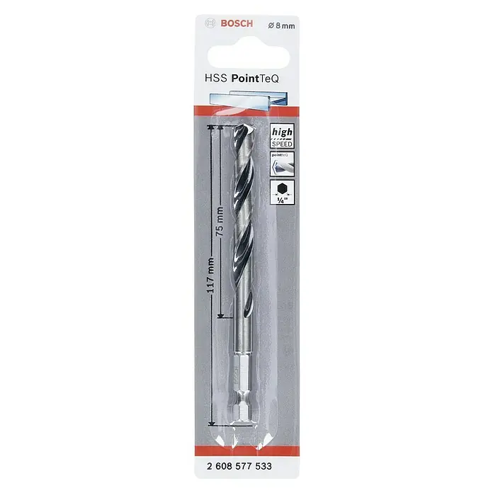 Bosch Metallbohrer PointTeQ - Durchmesser Bohrer: 8 mm - Abgebildet ist ein Bosch HSS PointTeQ Metallbohrer mit einem Durchmesser von 8 mm, der sich ideal für schnelles und präzises Bohren eignet.