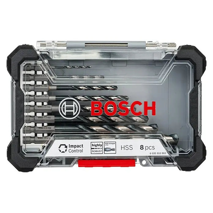 Bosch Metallbohrer Impact Control HSS - 8 Stk., Durchmesser Bohrer: 10 mm - Abbildung einer Bosch 8-teiligen HSS Impact Control Bohrer-Set, das für hohe Beanspruchung ausgelegt ist.