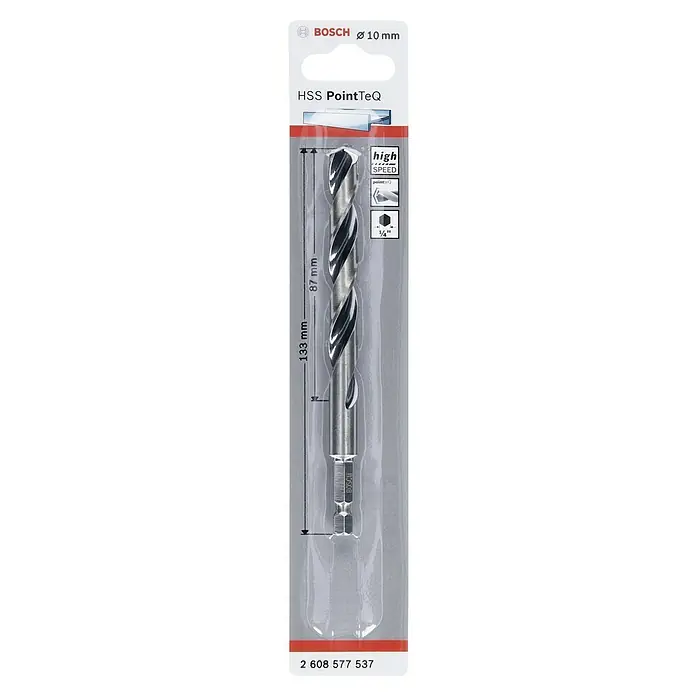 Bosch Metallbohrer HSS PointTeQ - Länge: 133 mm - Ein 10mm Bosch HSS PointTeQ Bohrer in seiner Verpackung, bereit für präzise Bohrarbeiten mit hoher Geschwindigkeit.