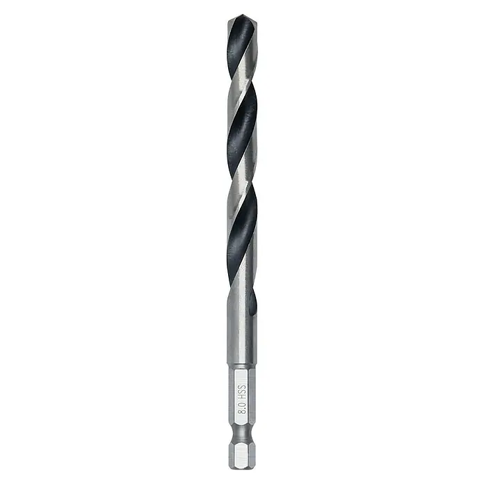 Bosch Metallbohrer PointTeQ - Durchmesser Bohrer: 8 mm - Ein hochauflösendes Bild eines Spiralbohrers mit Sechskantschaft, ideal für präzise Bohrarbeiten in verschiedenen Materialien.