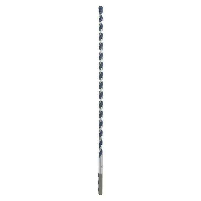 Bosch Beton- & Steinbohrer CYL-5 - Durchmesser Bohrer: 6 mm, Arbeitslänge: 200 mm - Ein Detailaufnahme einer langen, schraubenförmigen Metallwelle mit einem markanten Gewindemuster, ideal für industrielle Anwendungen.