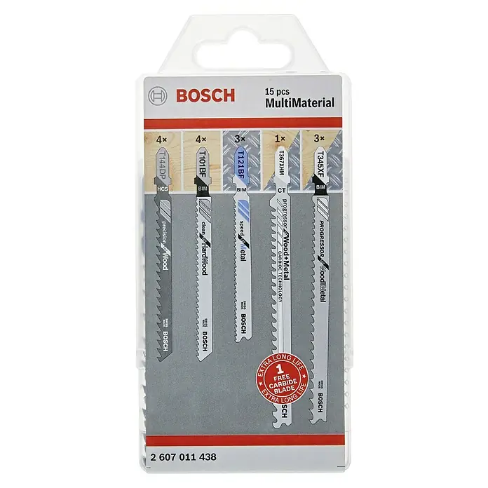 Bosch Stichsägeblatt-Set MultiMaterial - Aluminium, 15 -tlg., T-Schaft - Packung Bosch Stichsägeblätter, 15-teiliges MultiMaterial-Set mit verschiedenen Blättern für Holz, Metall & Kunststoff, inklusive einem extra Carbide-Blatt.