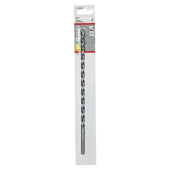 Bosch Beton- & Steinbohrer CYL-5 - Durchmesser Bohrer: 8 mm, Arbeitslänge: 200 mm - Eine Nahaufnahme eines Bosch CYL-5 Steinbohrers mit einem Durchmesser von 8mm und einer Länge von 200/250mm, verpackt in einer Blisterpackung.